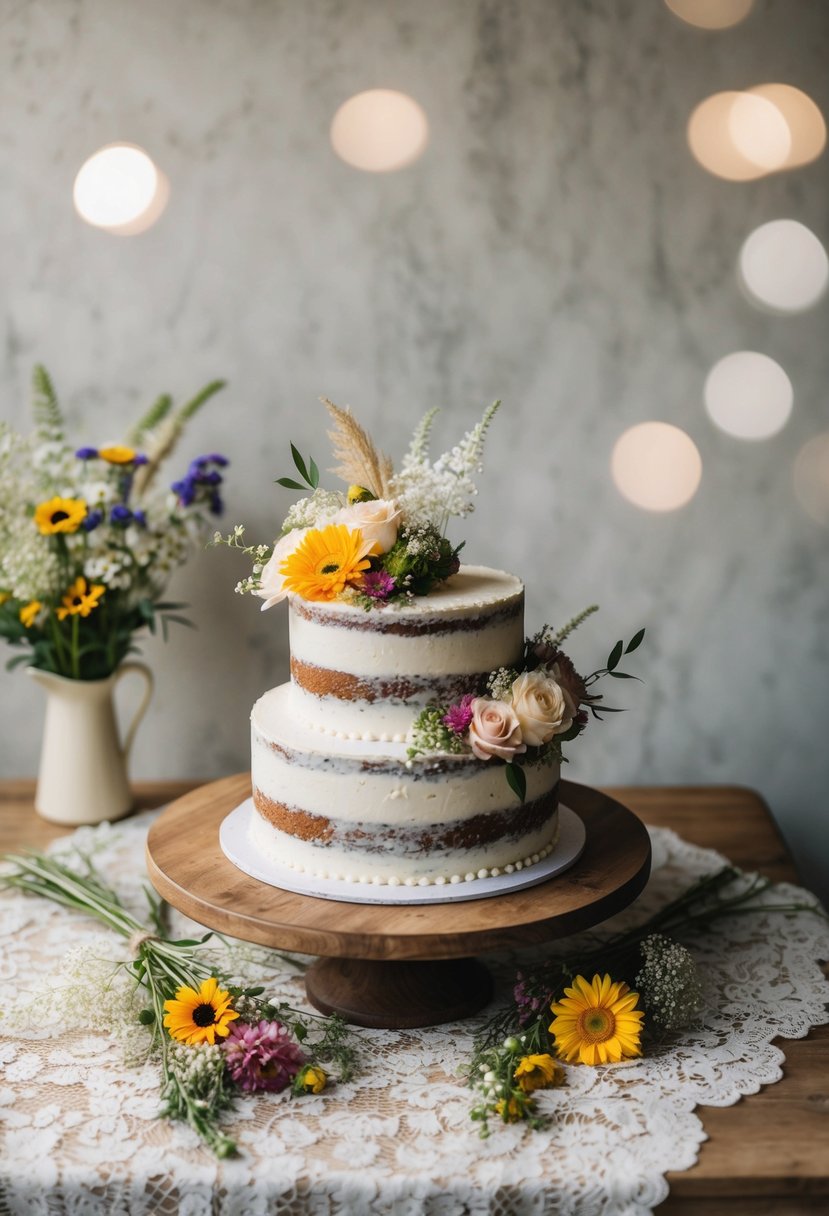 A rustic wedding cake adorned with homemade floral decorations sits on a wooden table, surrounded by vintage lace and wildflowers