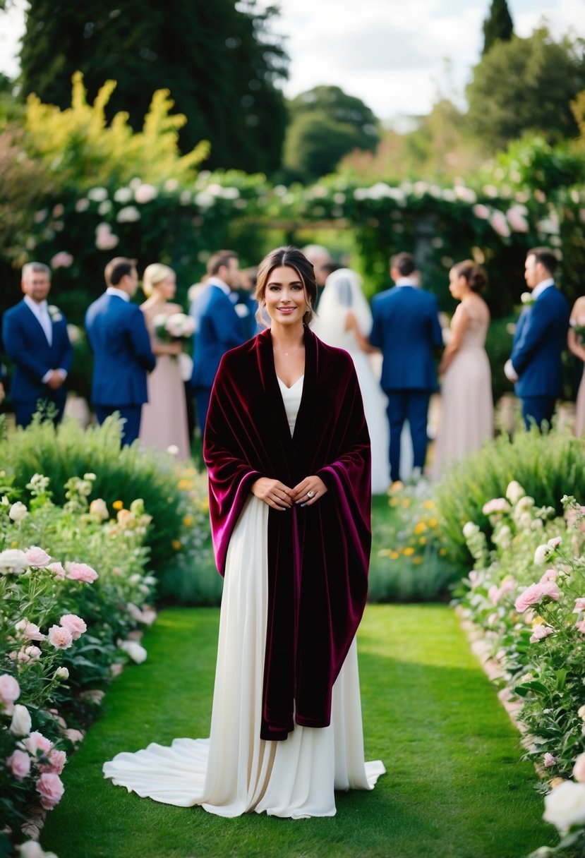 A woman in a flowing velvet shawl stands in a garden, surrounded by blooming flowers and lush greenery, with a wedding party in the background