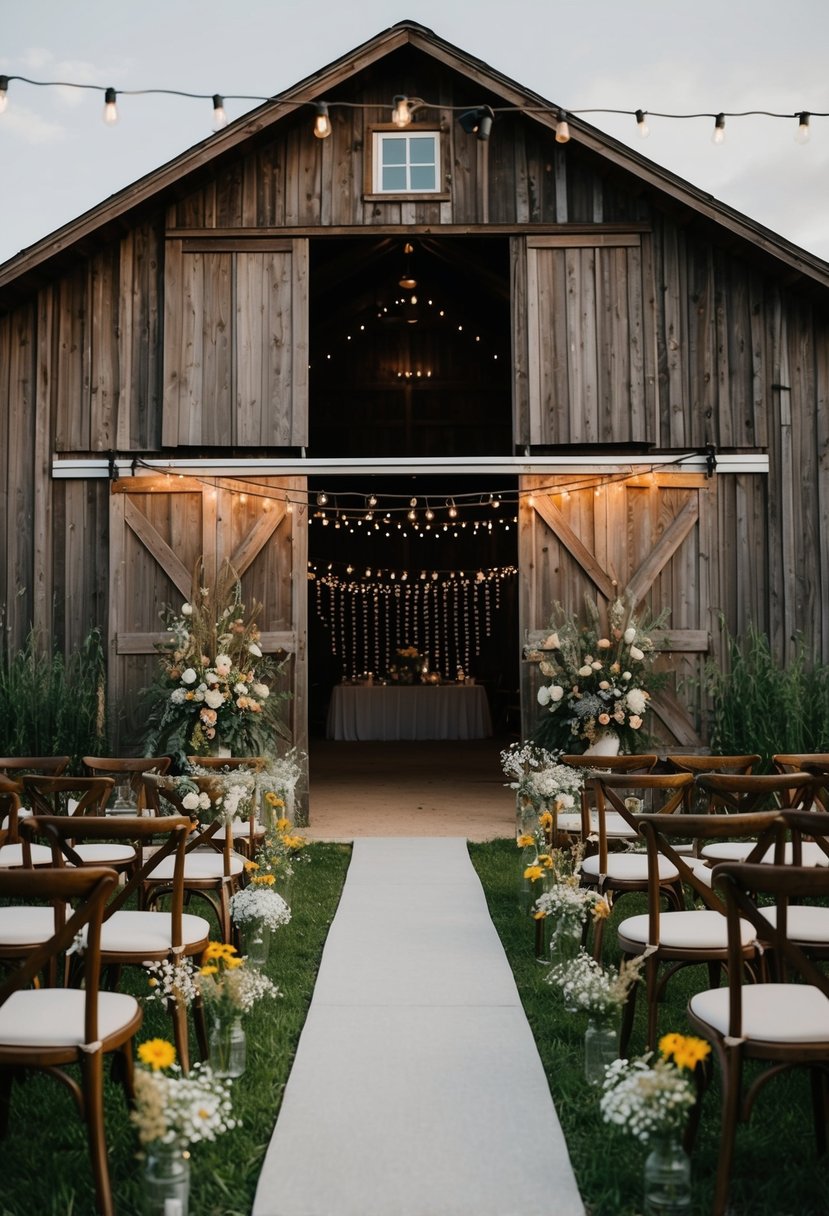 A barn adorned with repurposed vintage decor, string lights, and wildflowers for a rustic wedding on a budget