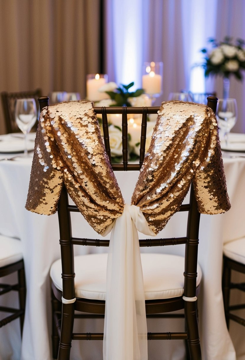 A sequined shrug draped over a chair at a wedding reception