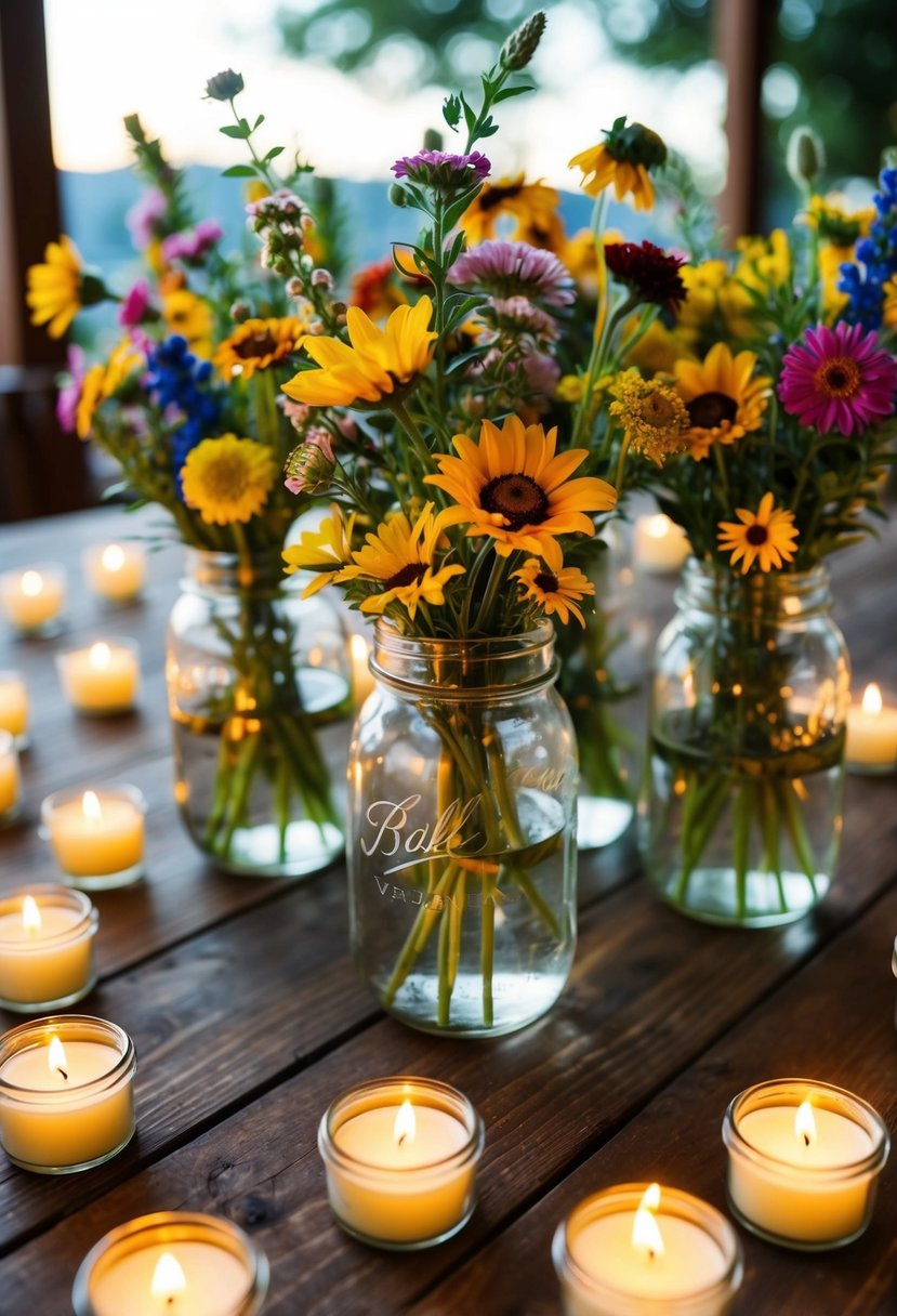 A wooden table with mason jar vases filled with colorful wildflowers, surrounded by flickering tea light candles