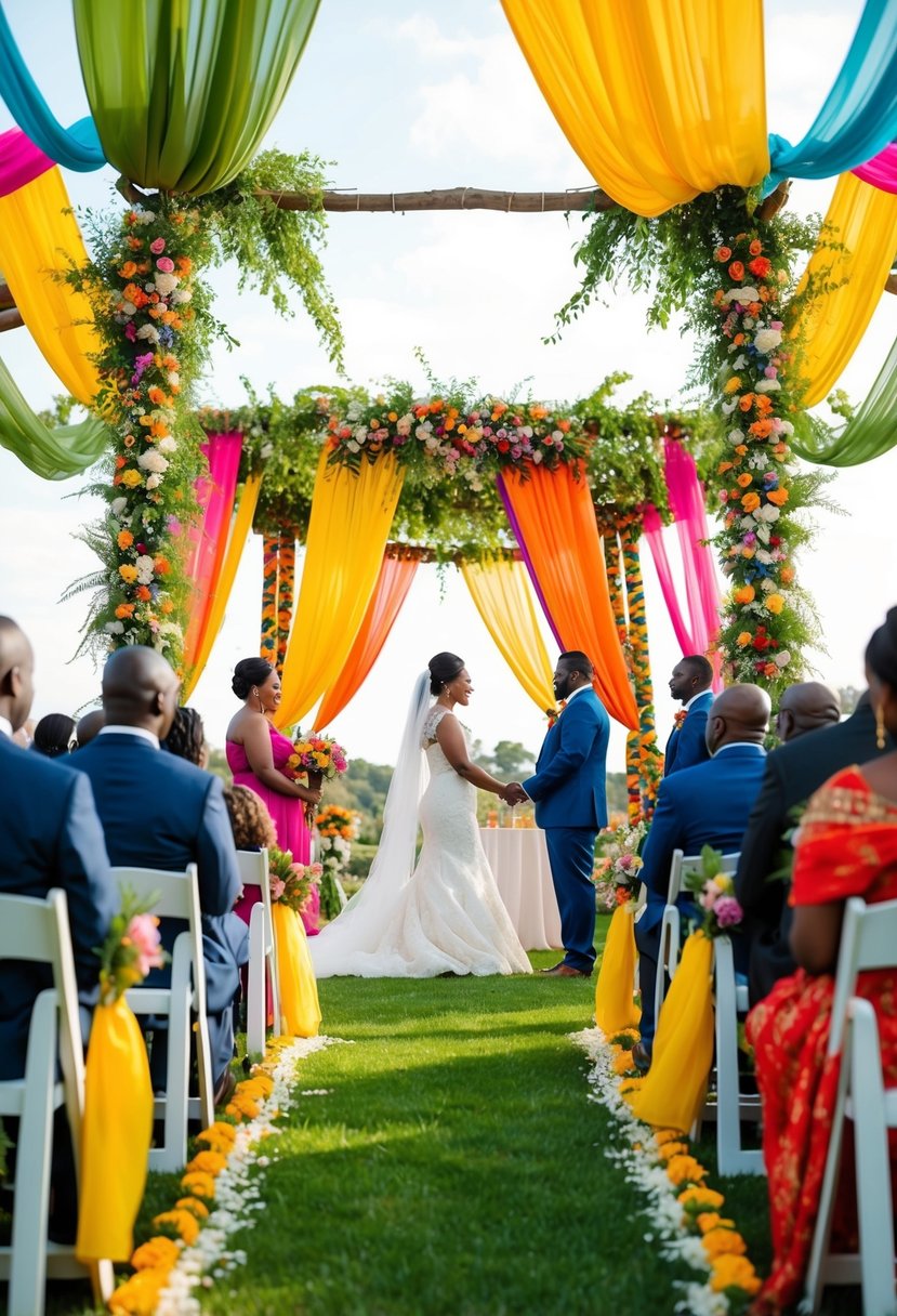 A vibrant outdoor wedding ceremony with traditional African decor, colorful fabric draping, and a canopy of greenery and flowers