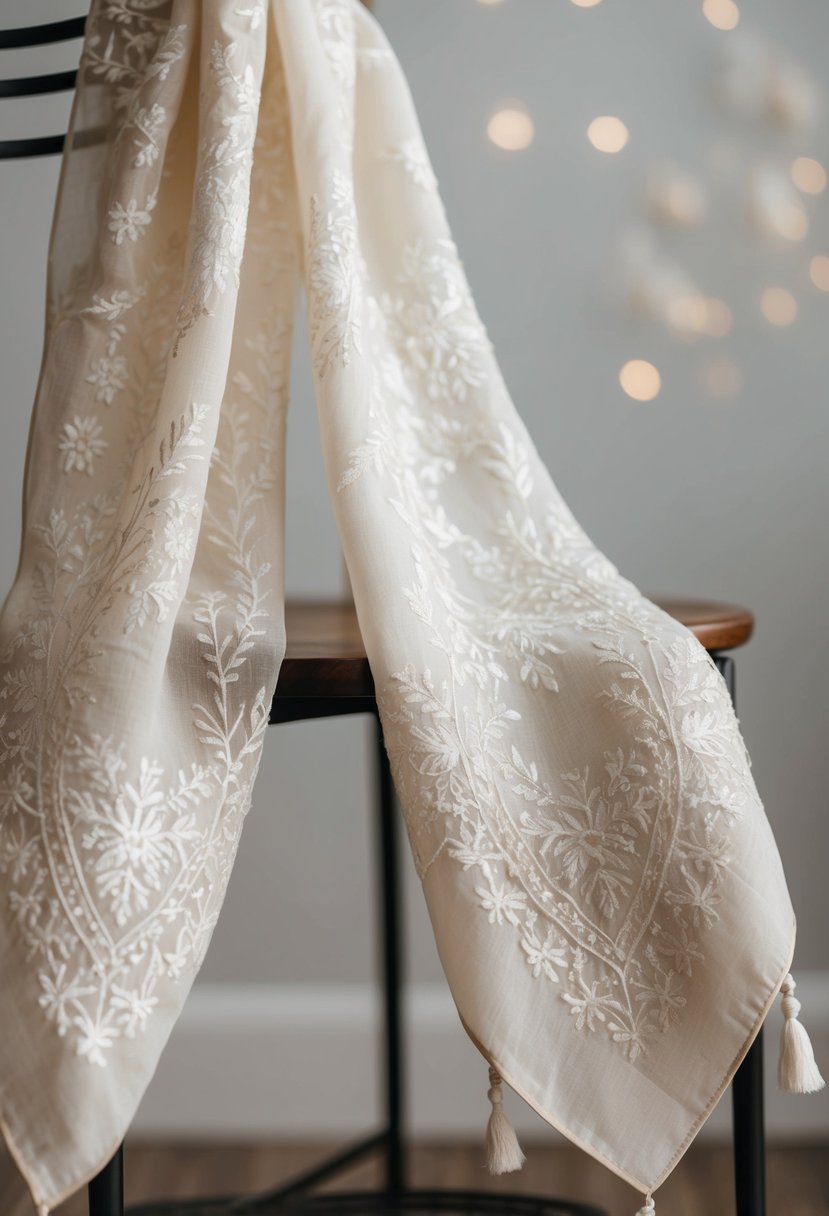 A delicate embroidered scarf draped over a chair, with soft, flowing fabric and intricate detailing