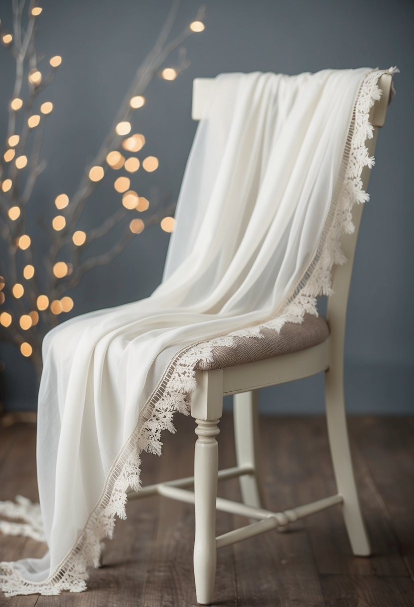 A soft chiffon wrap draped over a chair, with delicate lace trim and flowing fabric