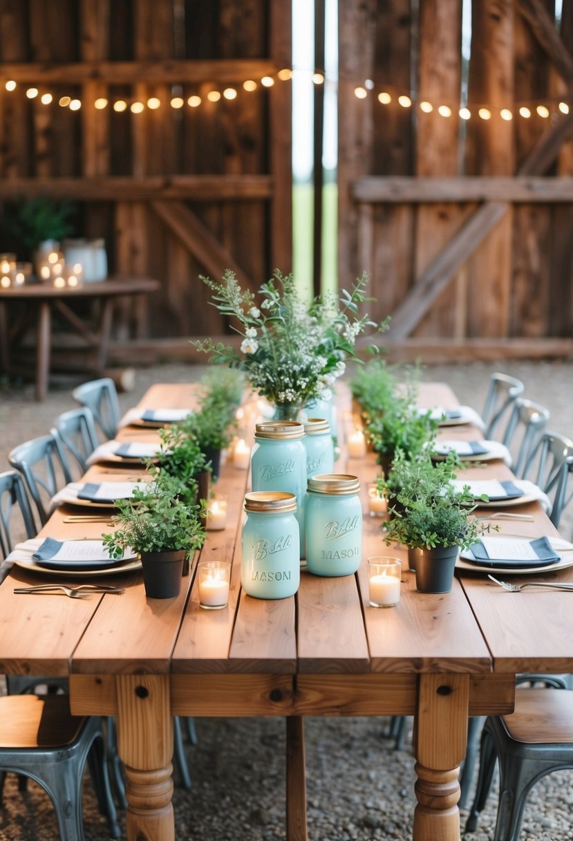 A wooden table with mason jar centerpieces, surrounded by potted plants and candles, set against a backdrop of a rustic barn or outdoor setting