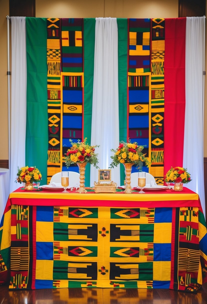 A vibrant Kente cloth backdrop with traditional African wedding decor