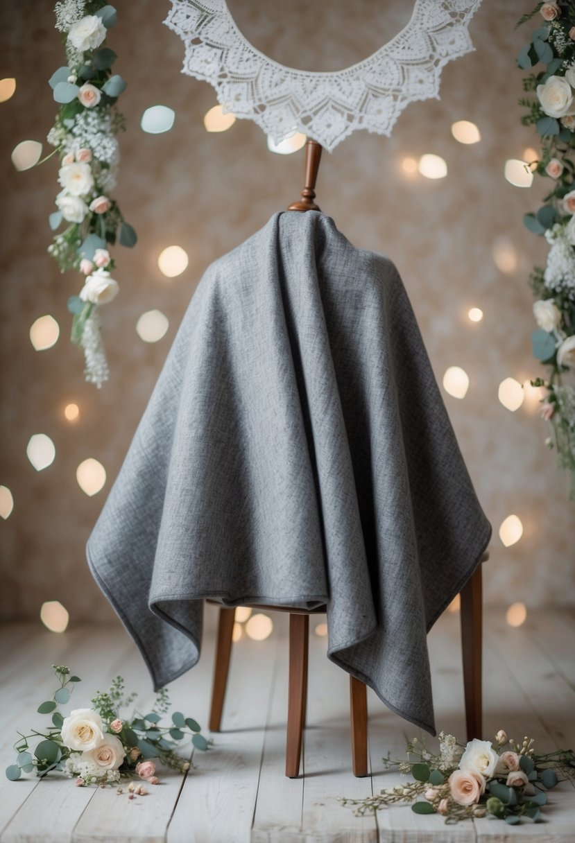 A cozy wool cape drapes over a chair, surrounded by delicate lace and floral decorations