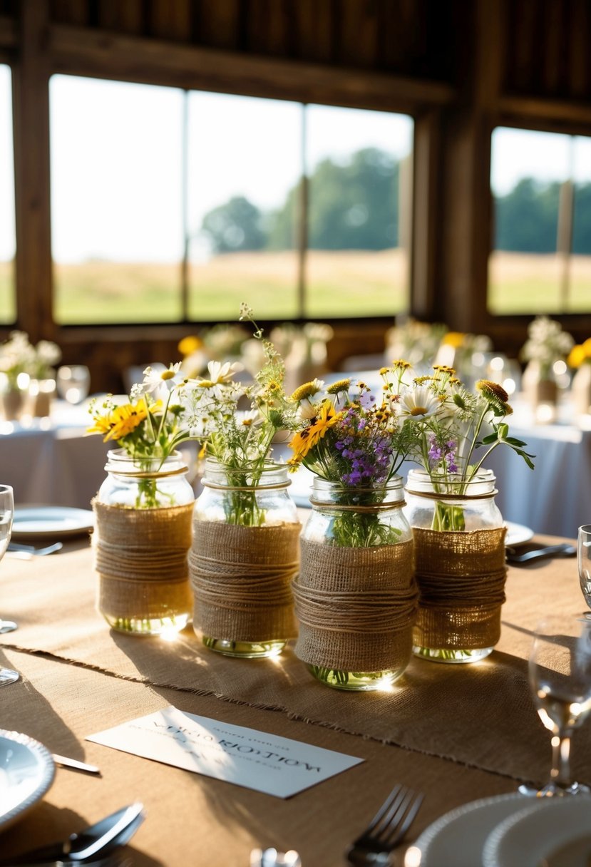 Mason jars wrapped in burlap, filled with wildflowers, adorn rustic wedding tables. Sunlight filters through a barn window, casting a warm glow on the simple, budget-friendly decor