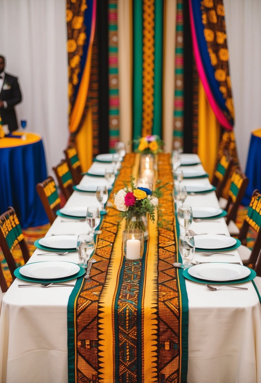 An African print table runner adorns a wedding reception table, surrounded by vibrant colors and traditional patterns