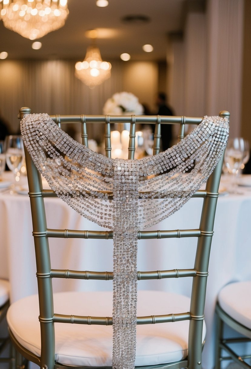 A glittering rhinestone capelet draped over an elegant chair at a wedding reception