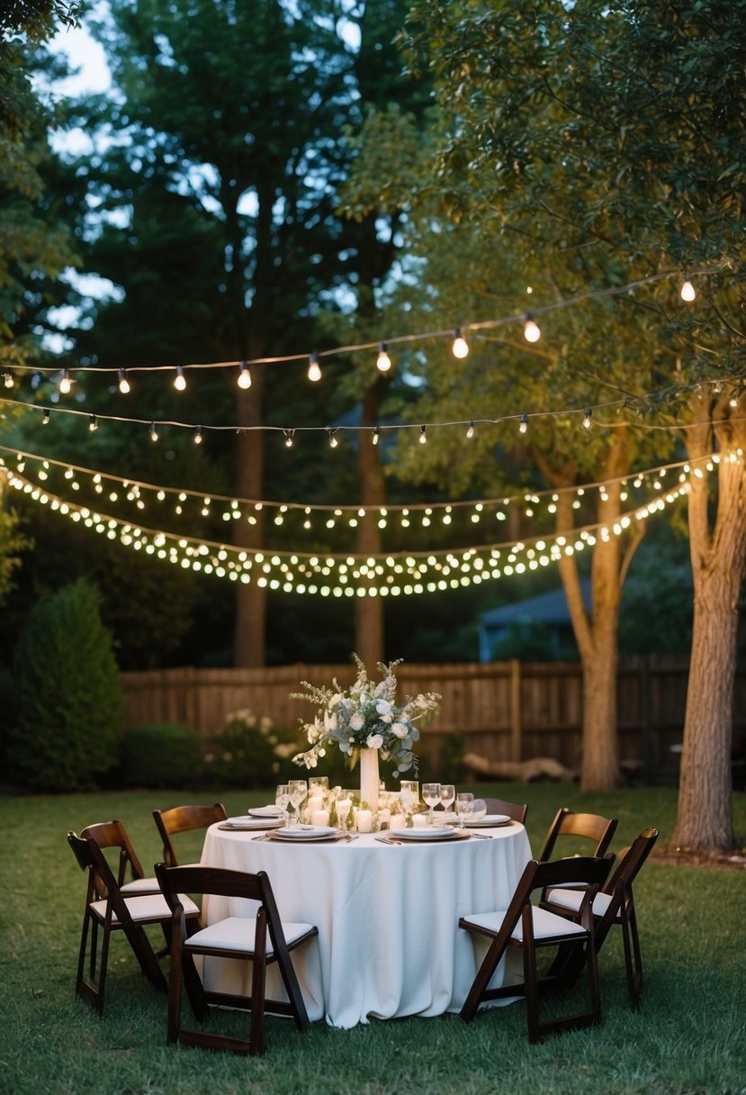 A backyard adorned with string lights, surrounded by trees and rustic decor for a budget-friendly wedding