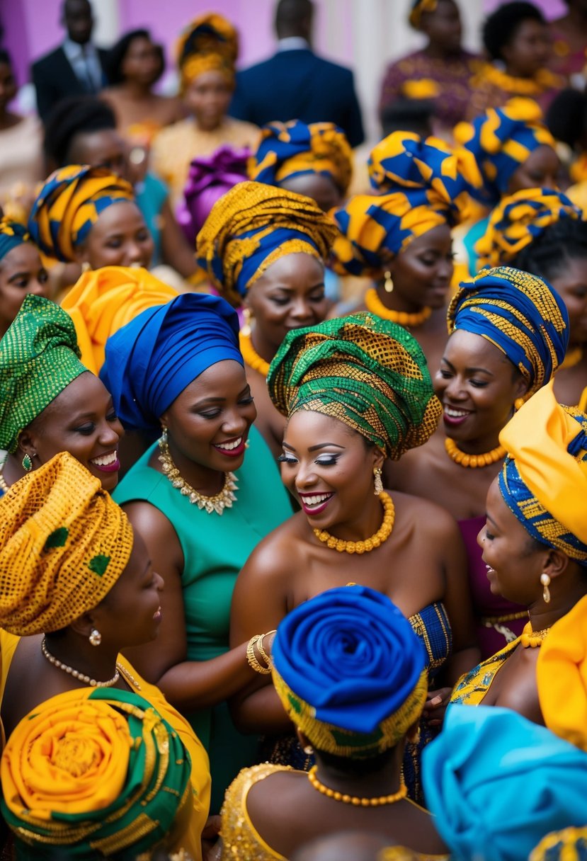 A group of women wearing colorful gele headwraps gather in celebration at an African wedding, their vibrant attire adding to the joyful atmosphere