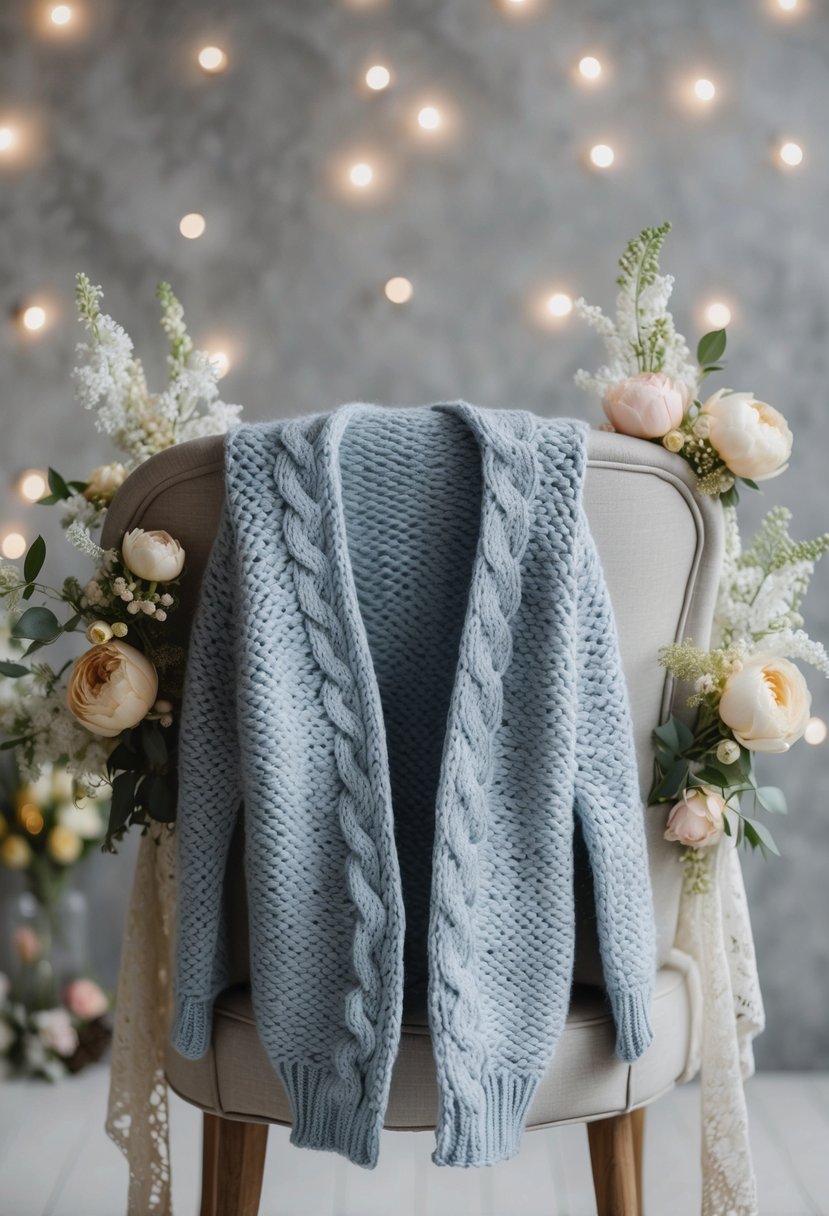 A cozy knit cardigan draped over the back of a chair, surrounded by delicate lace and floral accents