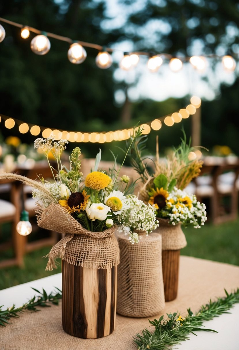 A cozy outdoor wedding with wooden accents, burlap decorations, and earthy tones of green, brown, and cream. Twinkling lights and wildflowers complete the rustic atmosphere