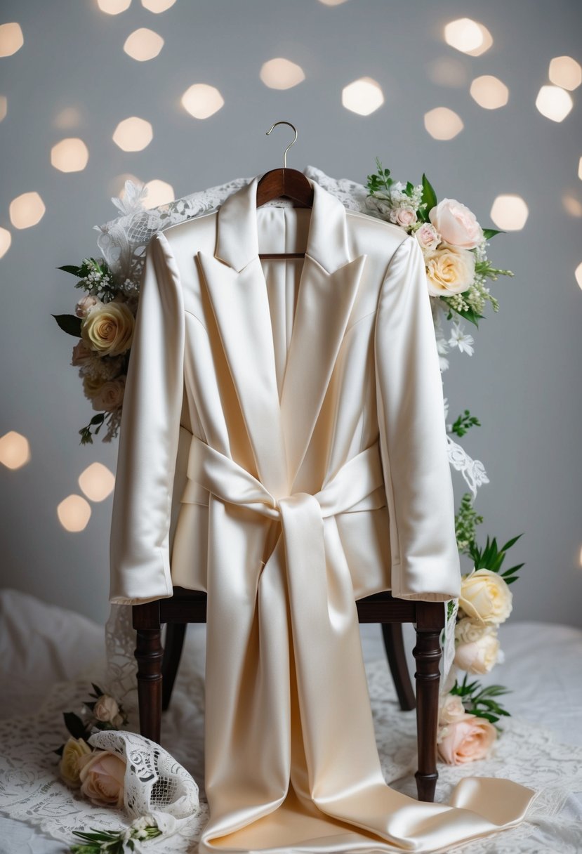 A satin jacket draped over a chair, surrounded by delicate lace and floral accents