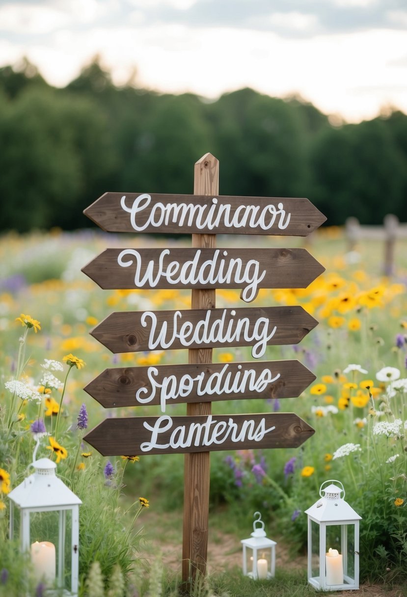 A wooden signpost with hand-painted lettering stands amidst wildflowers and lanterns in a rustic wedding setting