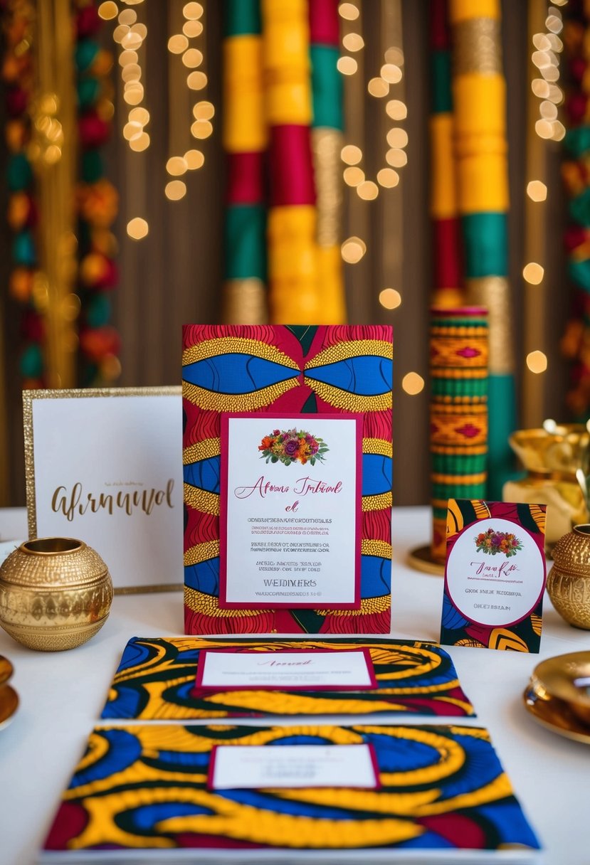 Vibrant Ankara fabric wedding invitations displayed with African wedding decor and accessories