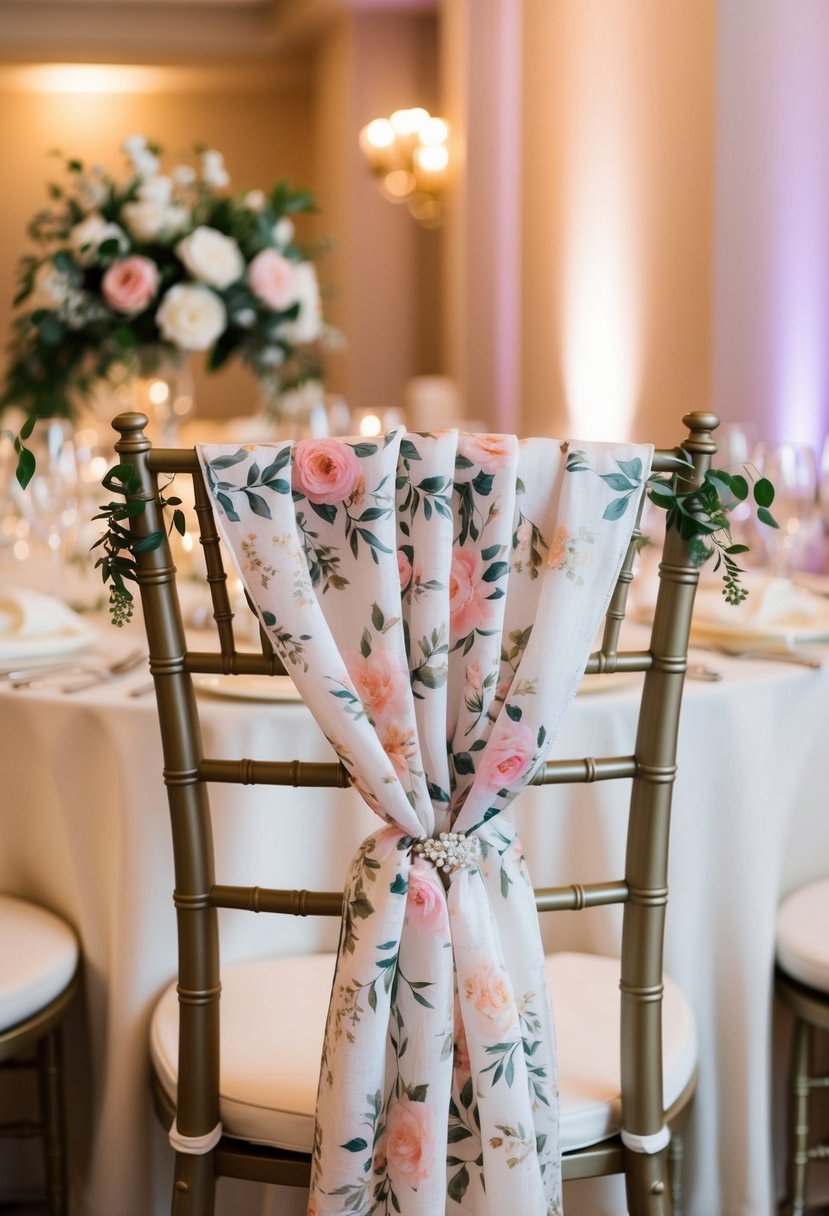 A delicate floral pashmina draped over a chair at a wedding reception, with soft lighting and elegant surroundings