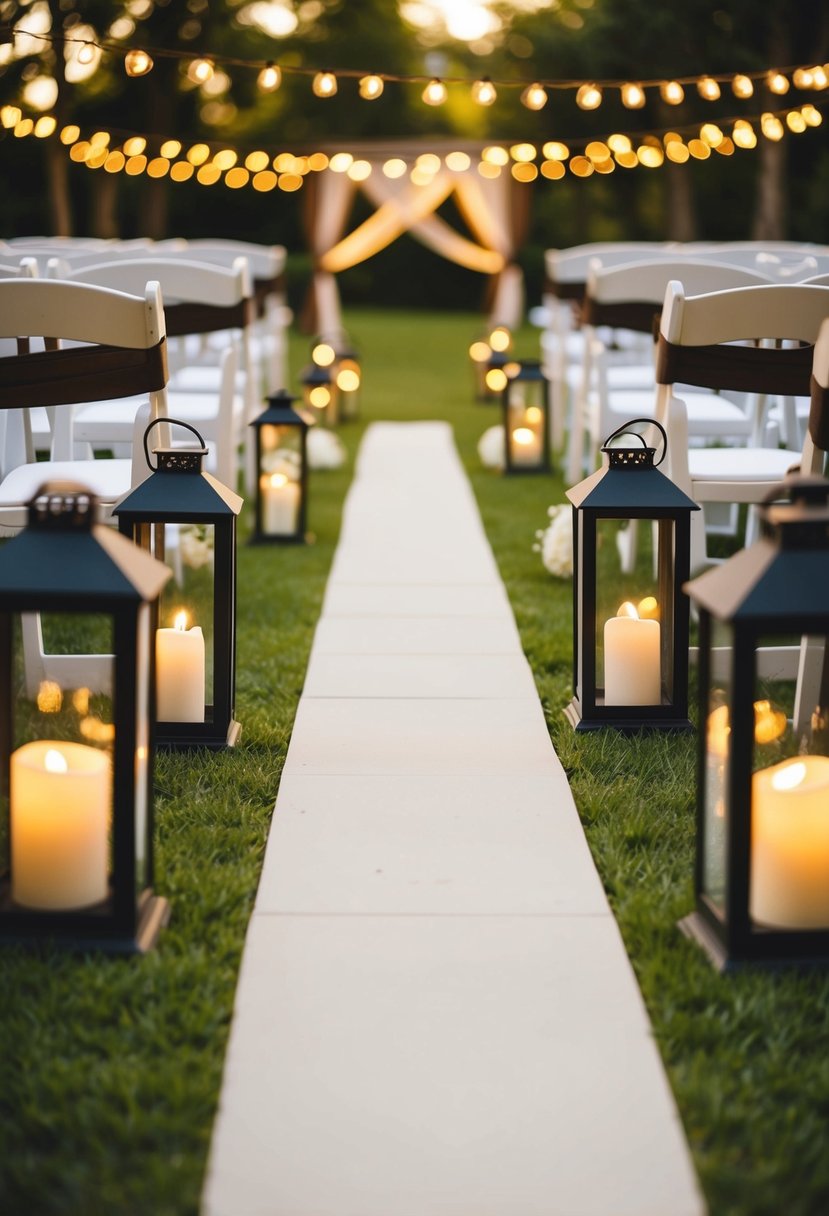 Rustic lanterns line the aisle, casting a warm glow in a budget-friendly wedding setting