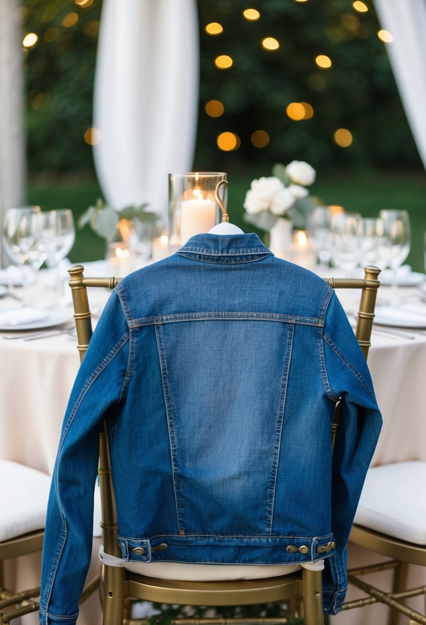 A denim jacket draped over the back of a chair at an outdoor wedding reception