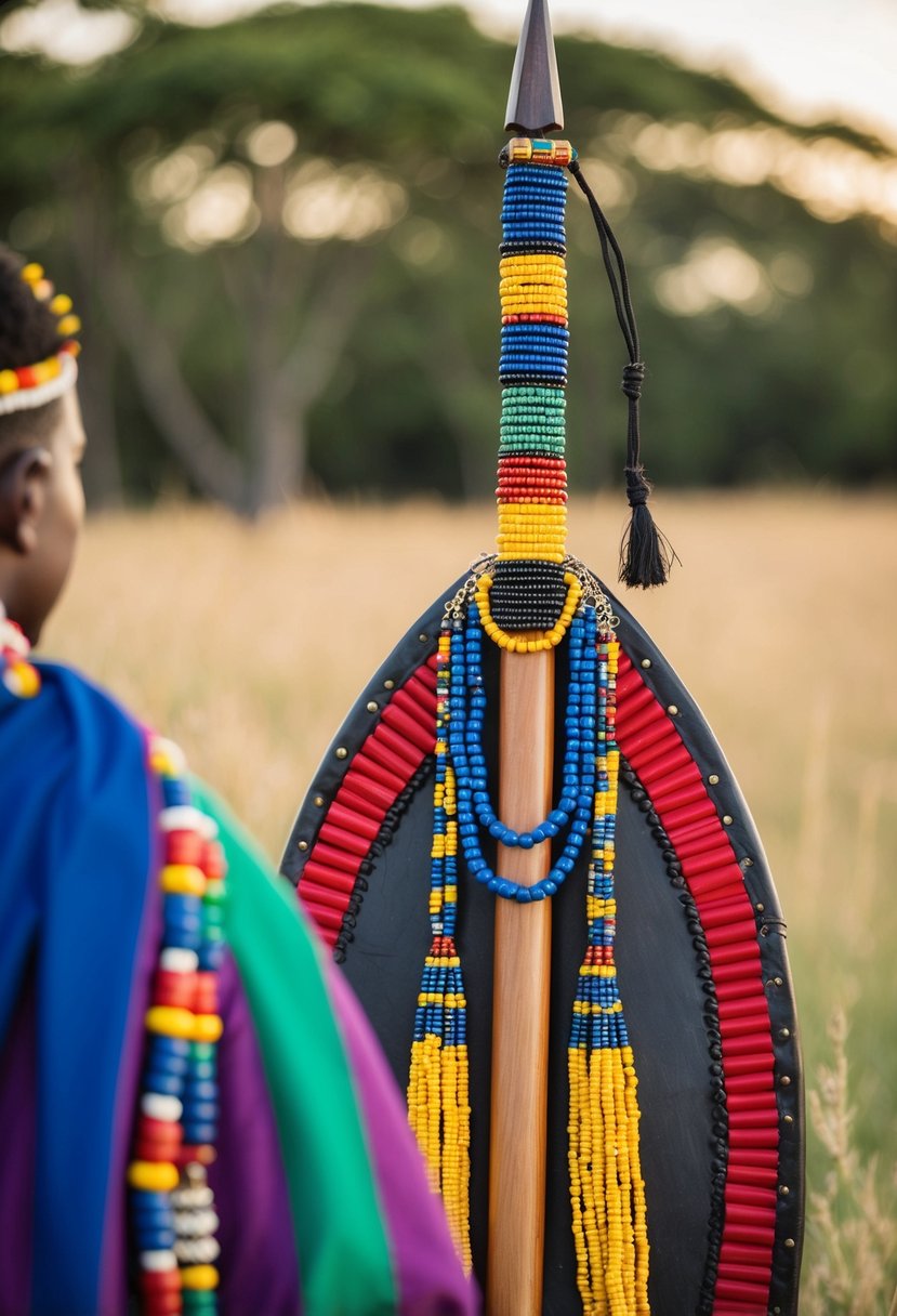 Vibrant Maasai bead jewelry adorns a ceremonial wedding spear and shield