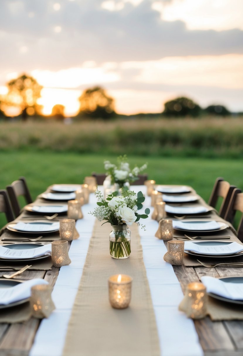 A wooden table adorned with burlap runners, set with simple, rustic decor for a budget-friendly wedding