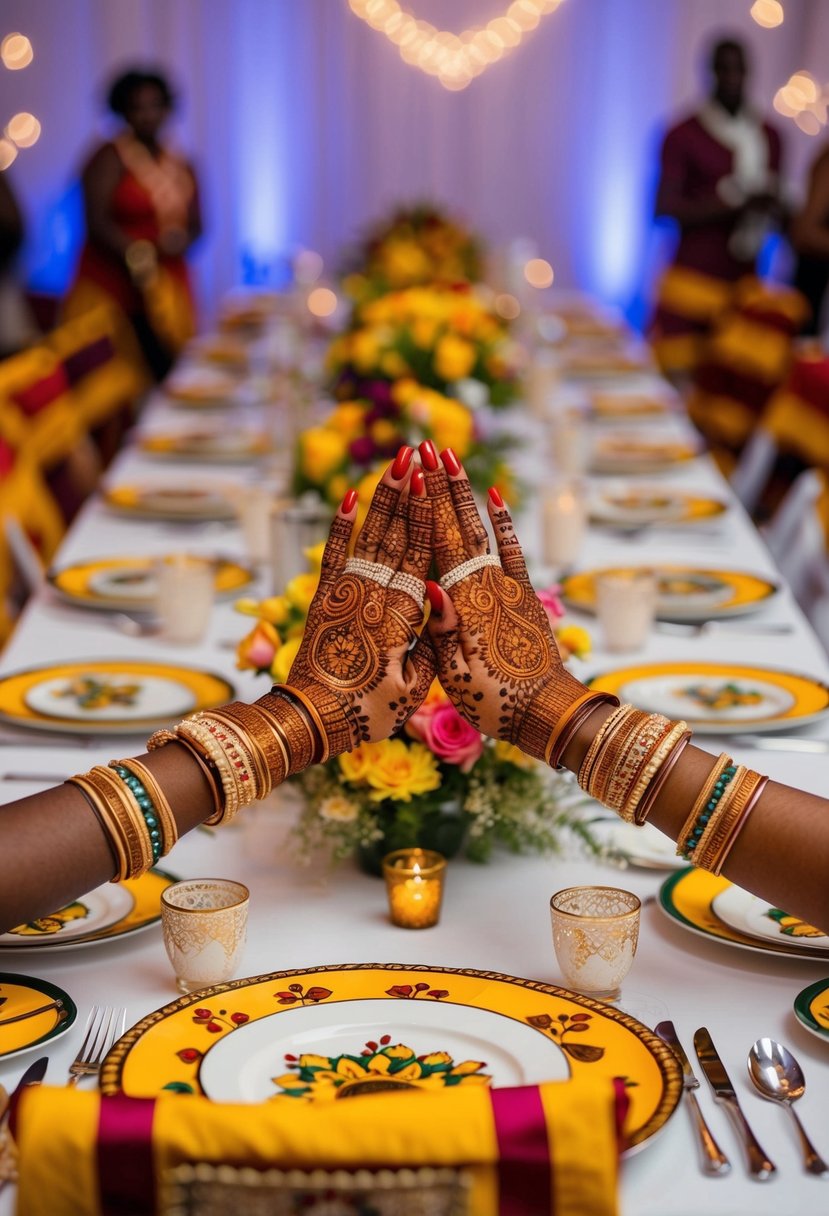 Vibrant henna designs adorn tables and decor at a traditional African wedding celebration