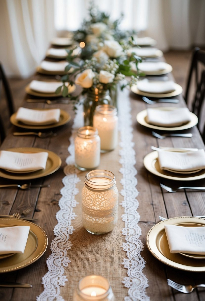 A rustic wedding table adorned with lace-trimmed burlap runners, mason jar centerpieces, and delicate lace-wrapped votive candles