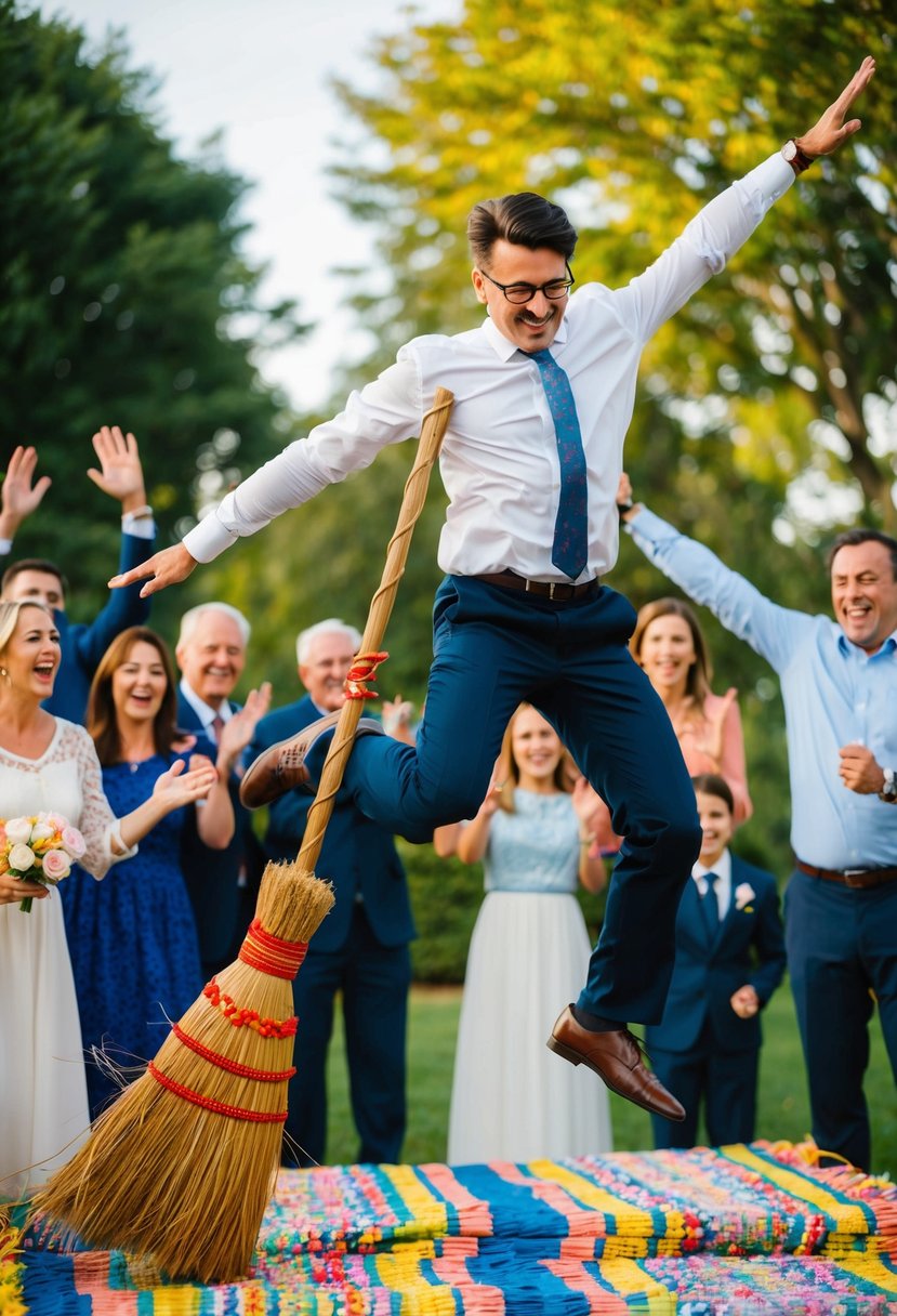 A colorful outdoor setting with a decorative broom being leaped over by two figures, surrounded by cheering family and friends