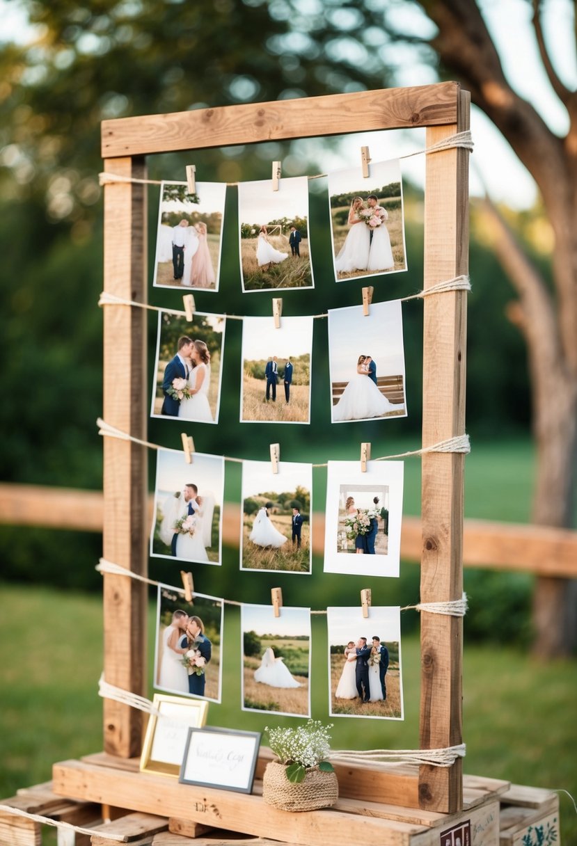 Rustic wedding decor: photos displayed on wooden pallet