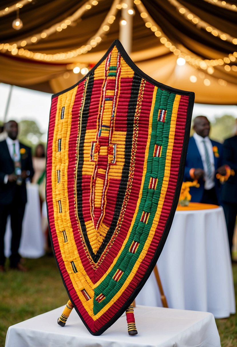 A Zulu-inspired shield adorned with vibrant traditional patterns and colors, displayed as part of an African wedding celebration