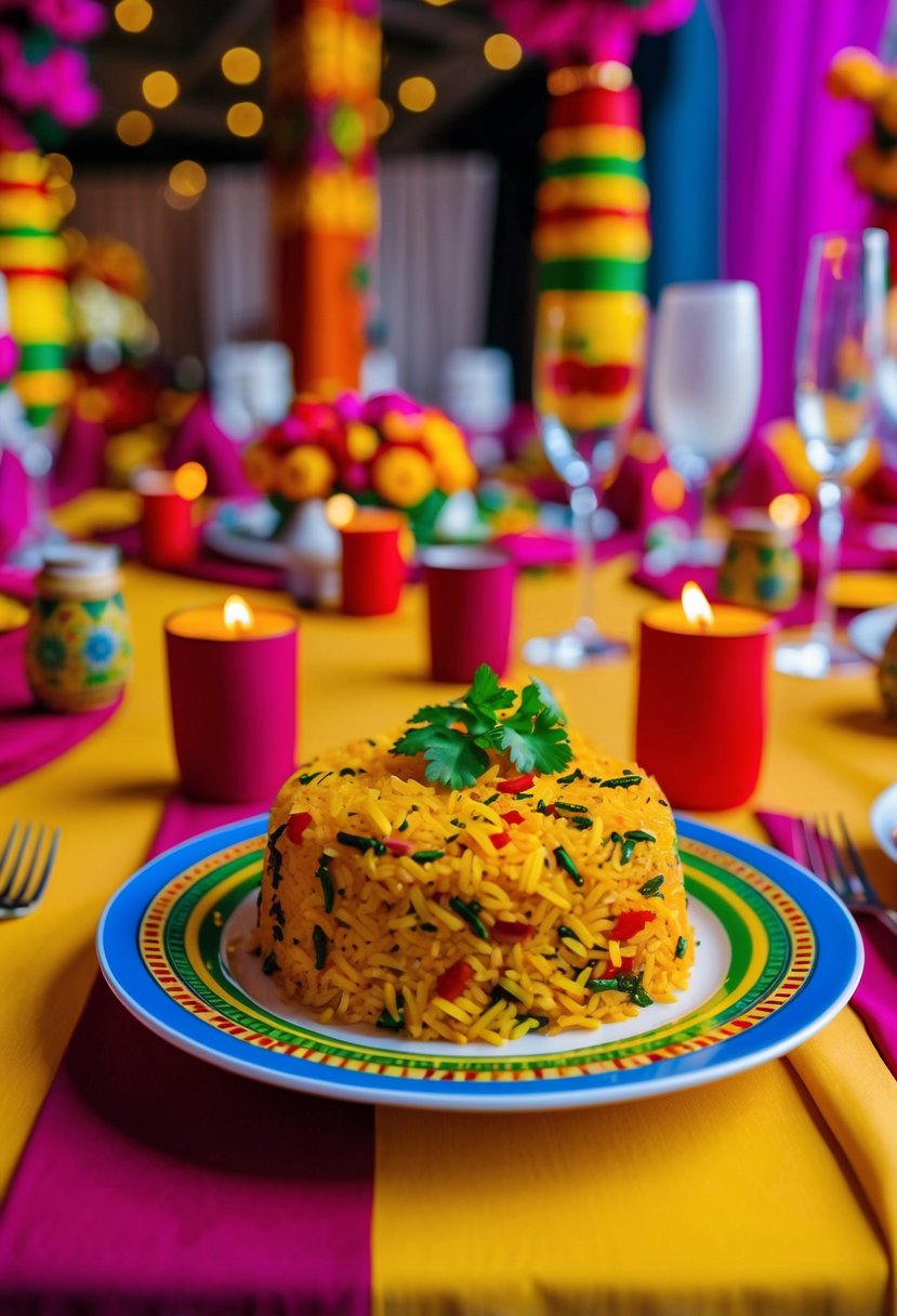 A colorful plate of Nigerian jollof rice surrounded by vibrant African-inspired decor at a wedding reception