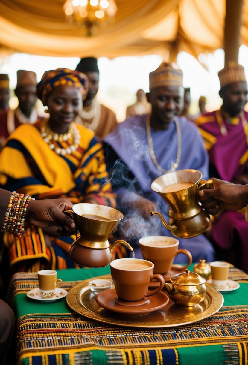 An Ethiopian coffee ceremony at an African wedding, with traditional coffee pots, colorful fabrics, and incense burning