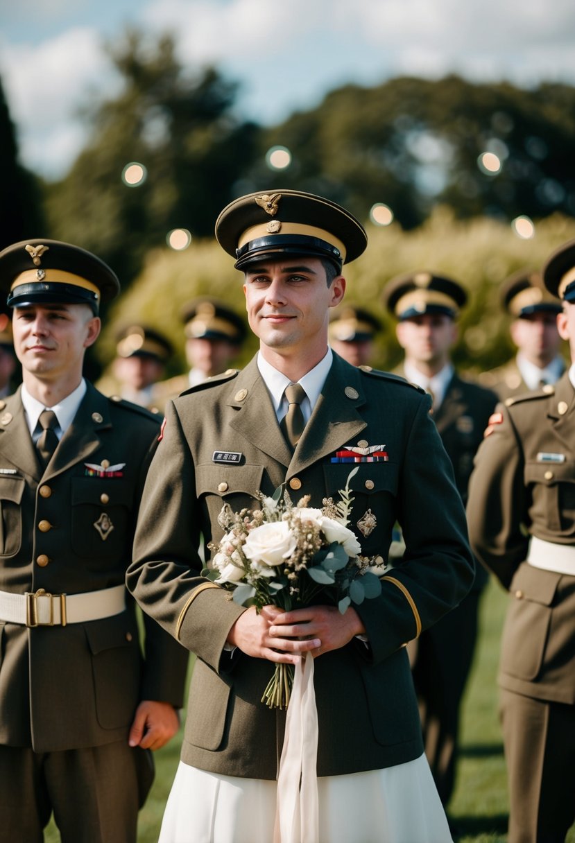 A vintage-themed wedding with soldiers in uniform and 1940s decor