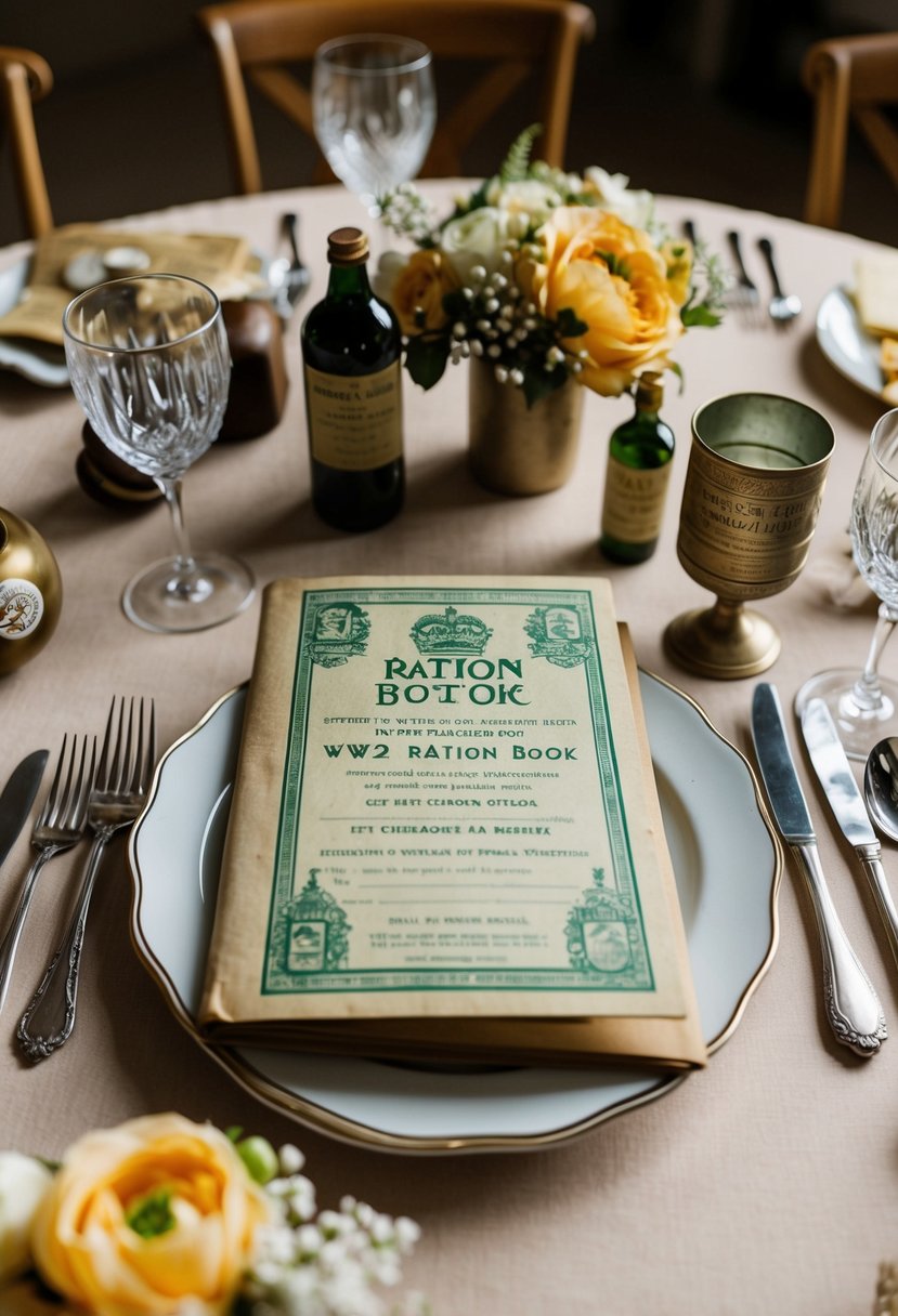 A table set with vintage ration book invitations, surrounded by ww2 wedding decor and memorabilia