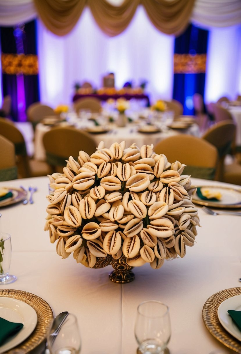 A table adorned with cowrie shell bouquets, set against a backdrop of traditional African wedding decor