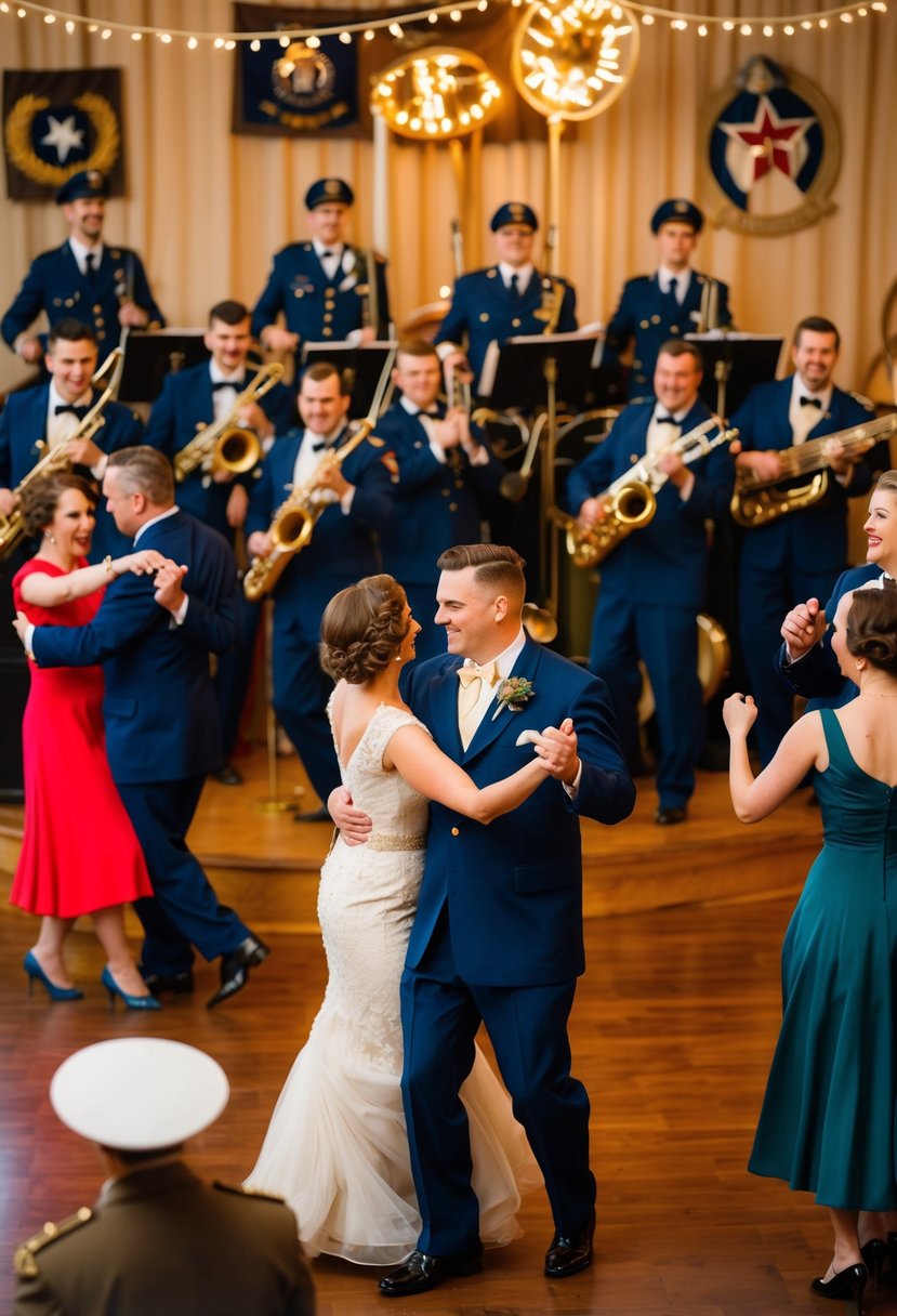 A lively 1940s-inspired big band plays at a vintage WW2-themed wedding, with couples dancing in period attire amidst retro decor and military paraphernalia