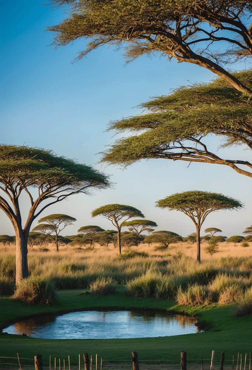 A lush savanna with acacia trees, a watering hole, and a clear blue sky, perfect for an African safari wedding venue