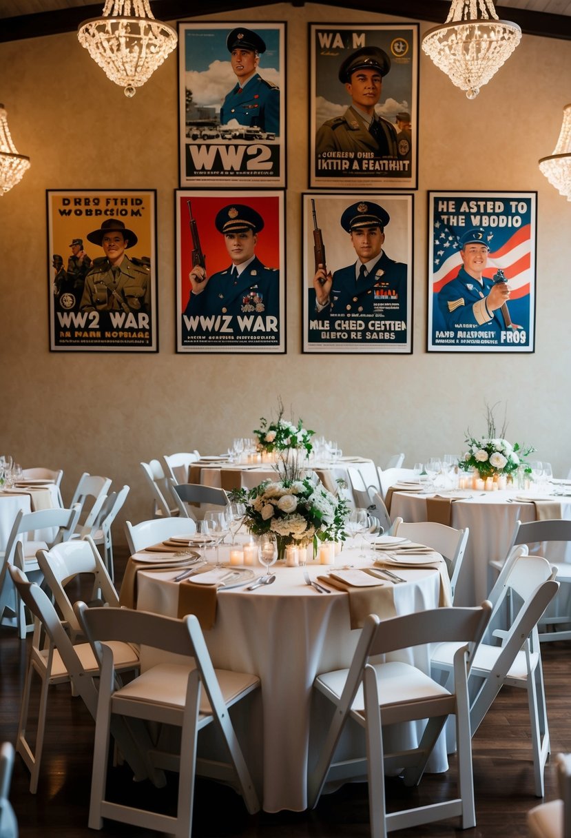 A wedding venue adorned with vintage WW2 war posters, creating a nostalgic and patriotic atmosphere