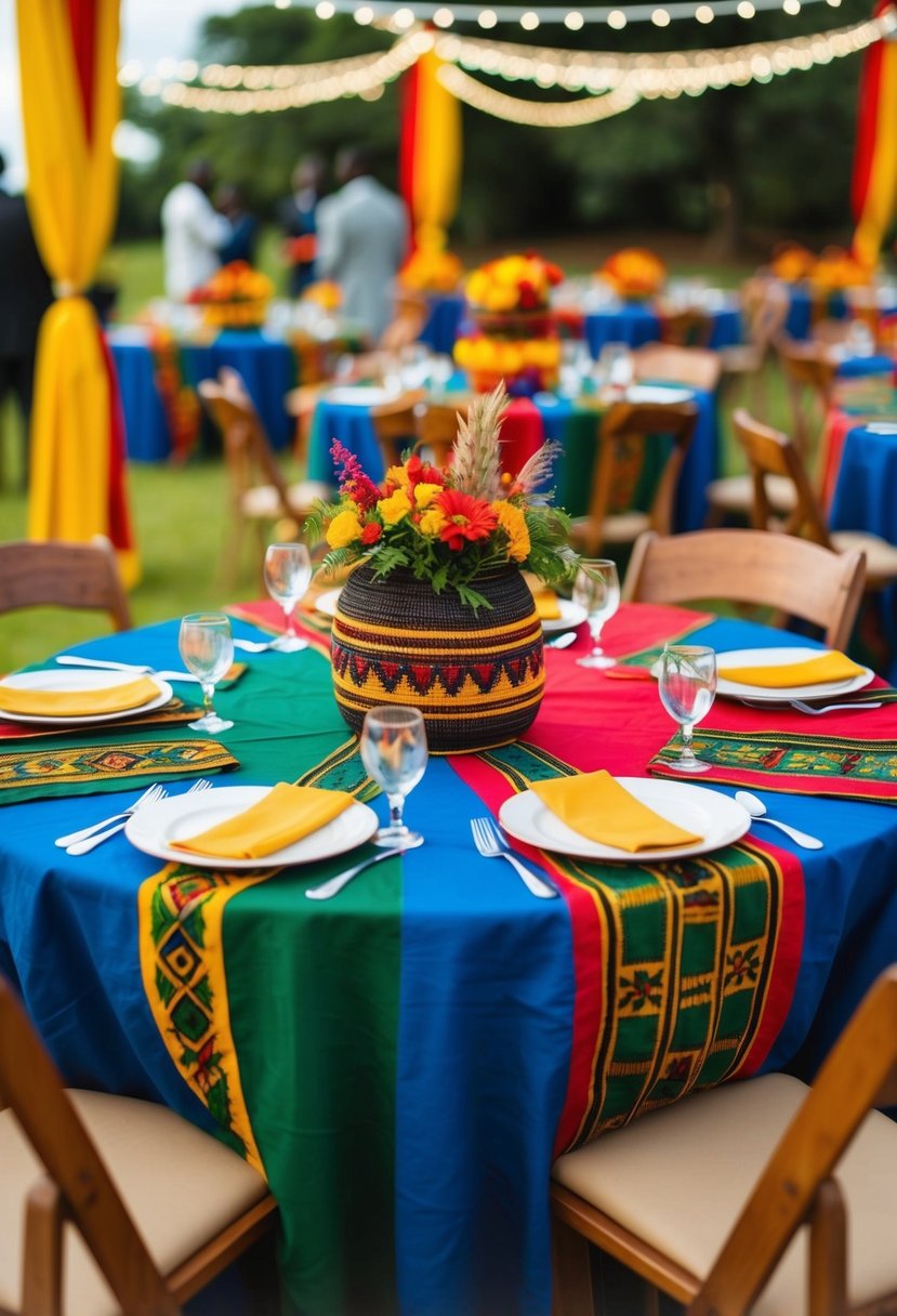 Colorful mud cloth table covers adorn a festive African wedding celebration