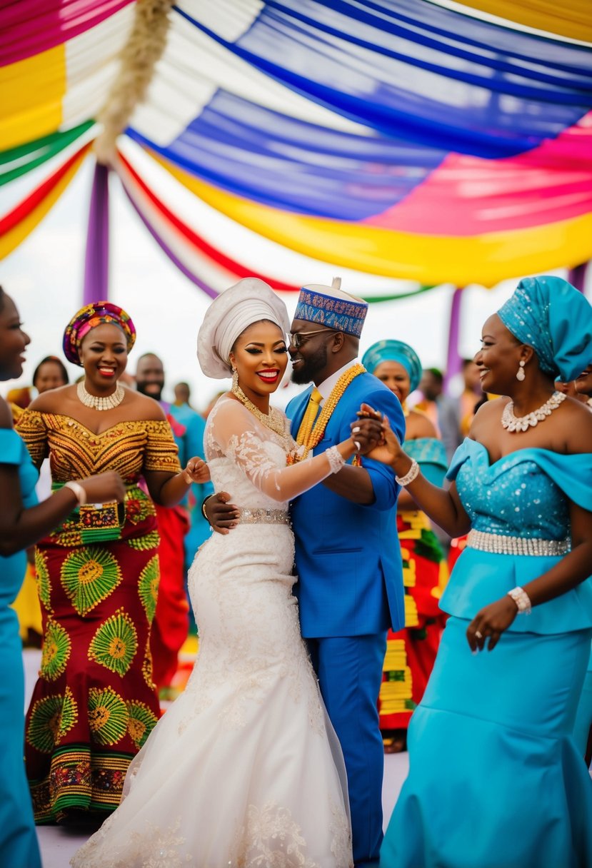 A colorful traditional Nigerian wedding ceremony with vibrant fabrics, intricate beadwork, and joyful dancing