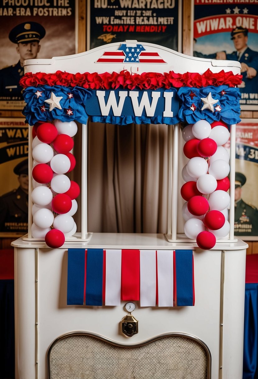 A vintage WWII photo booth with patriotic decorations and a backdrop of war-era posters, set up for a themed wedding