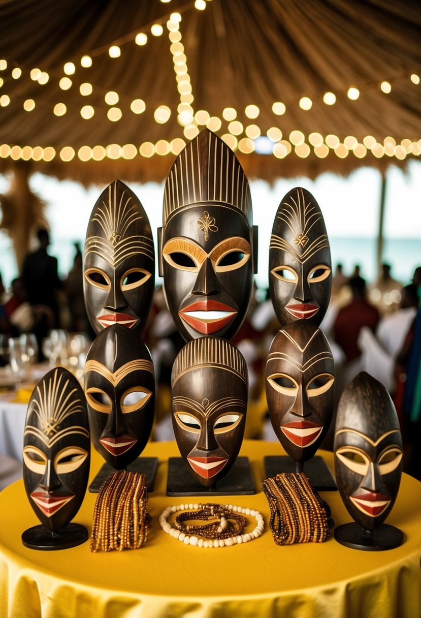 Hand-carved Ivory Coast masks displayed at an African wedding celebration