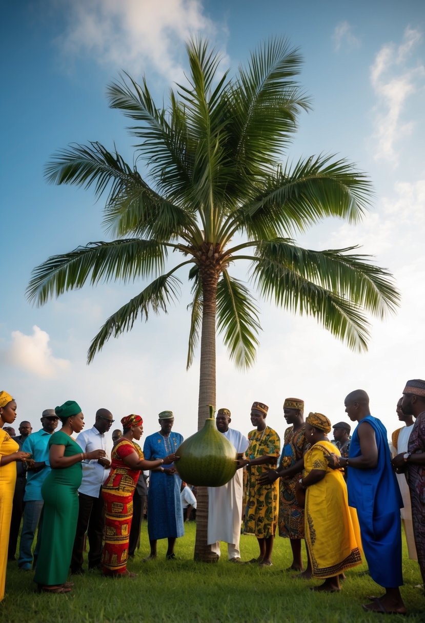 A group of people gathered under a large palm tree, with a gourd of palm wine being passed around in a traditional Igbo ceremony