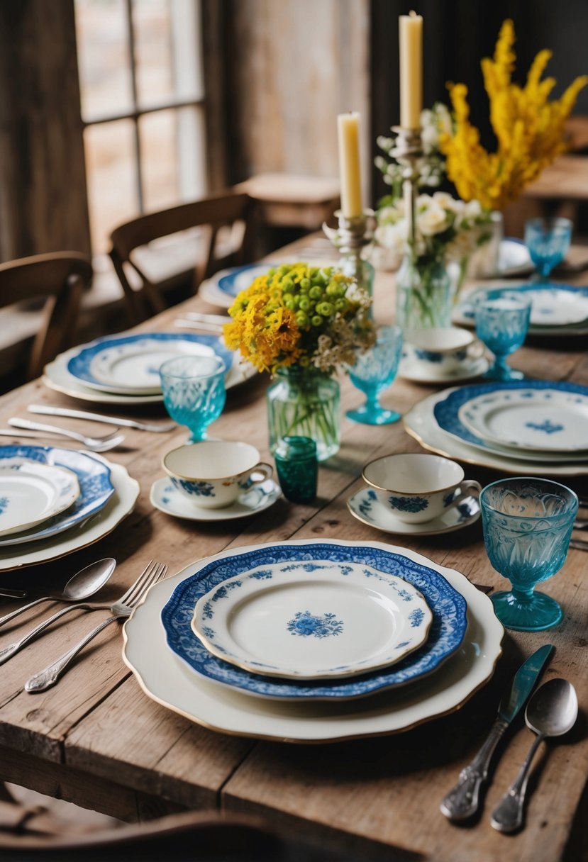 A rustic table set with vintage china, ration-inspired dishes, and wartime-era decorations