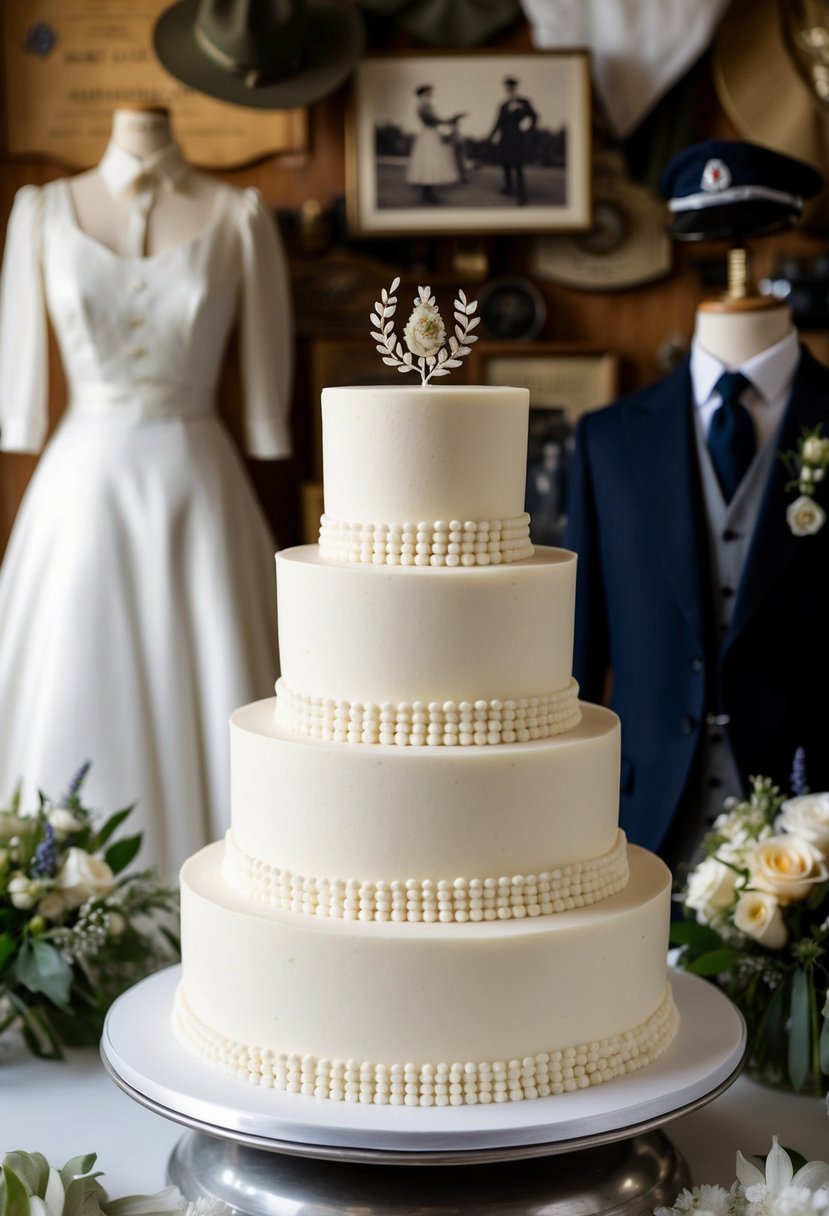 A tiered wedding cake with simple, rationed decorations, set against a backdrop of wartime memorabilia and vintage wedding attire