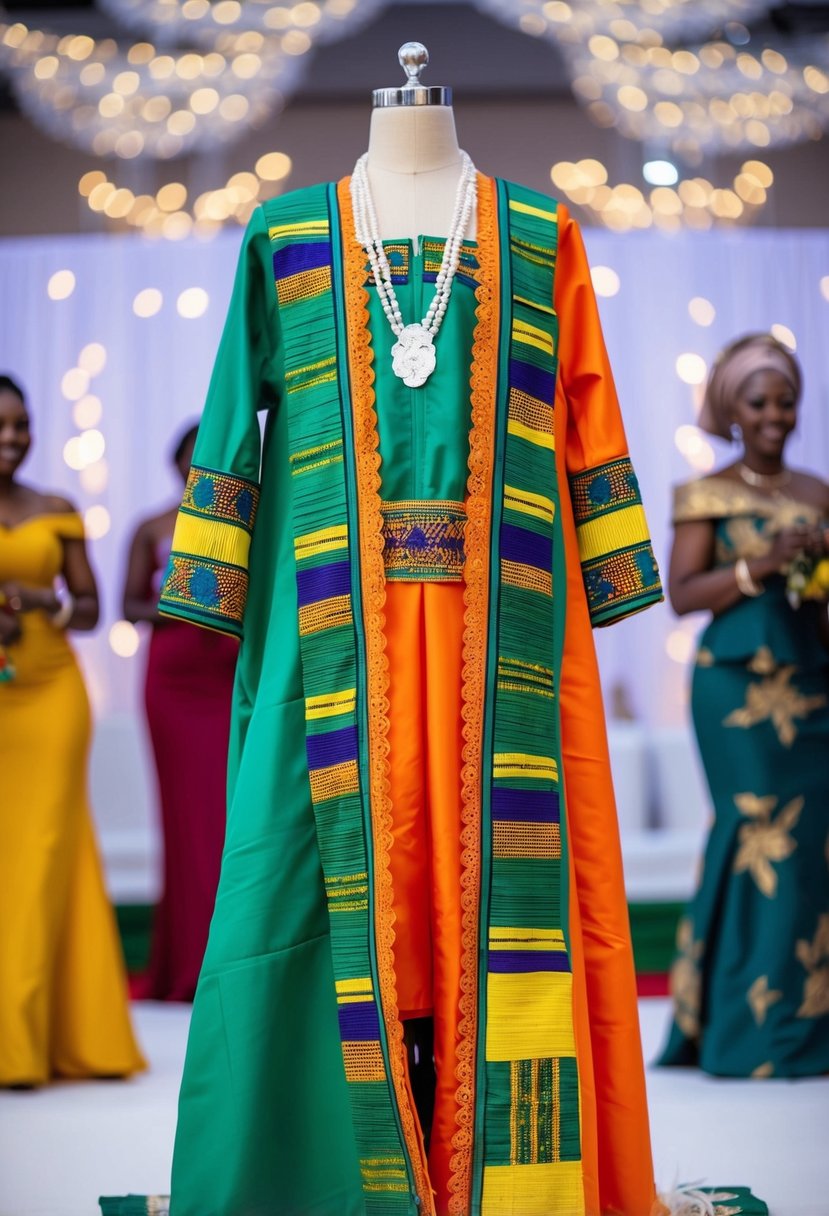 A colorful Yoruba traditional attire displayed on a mannequin at a Nigerian wedding celebration