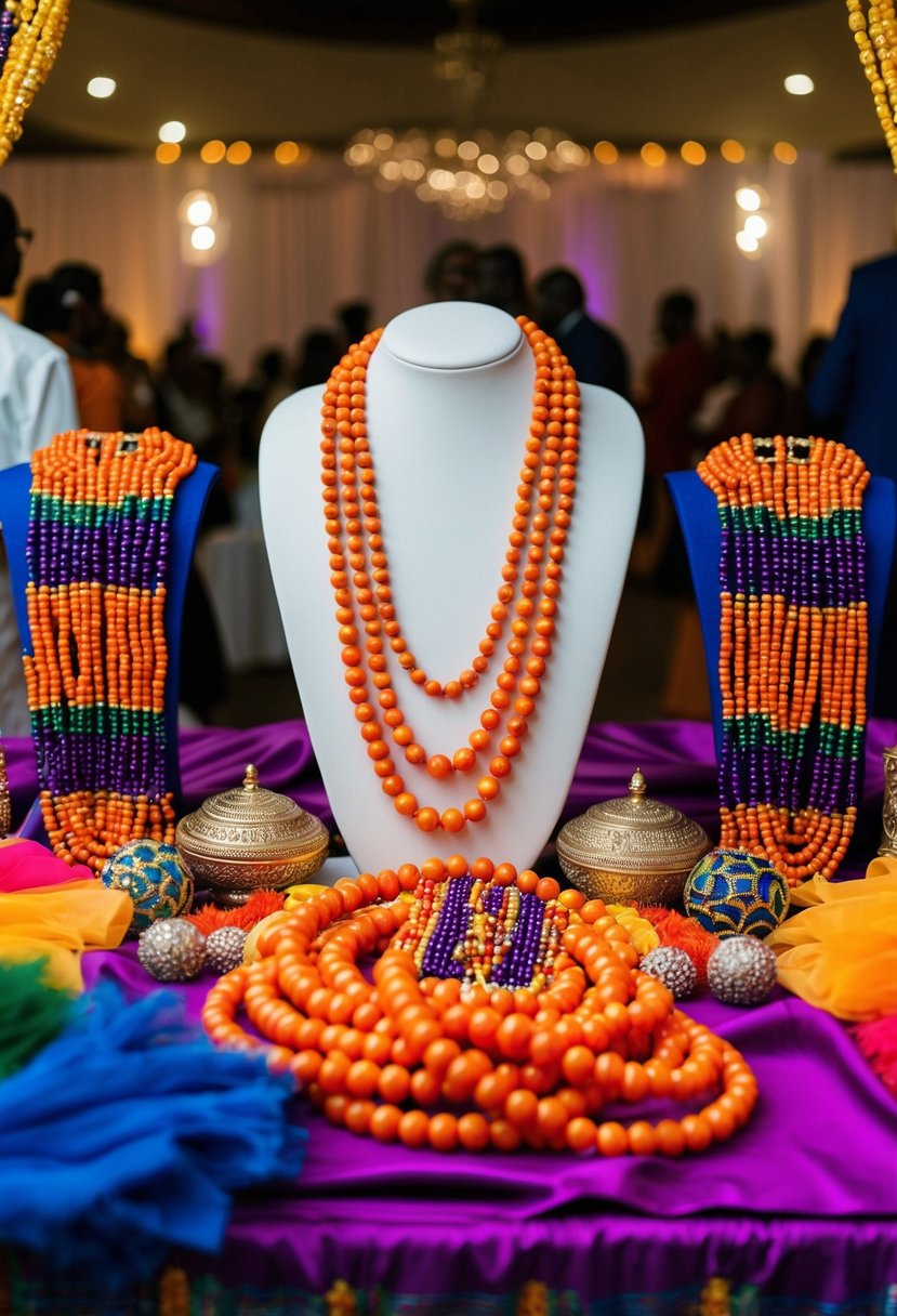 A traditional Nigerian wedding scene with vibrant Edo coral beads on display, surrounded by colorful fabrics and decorative elements