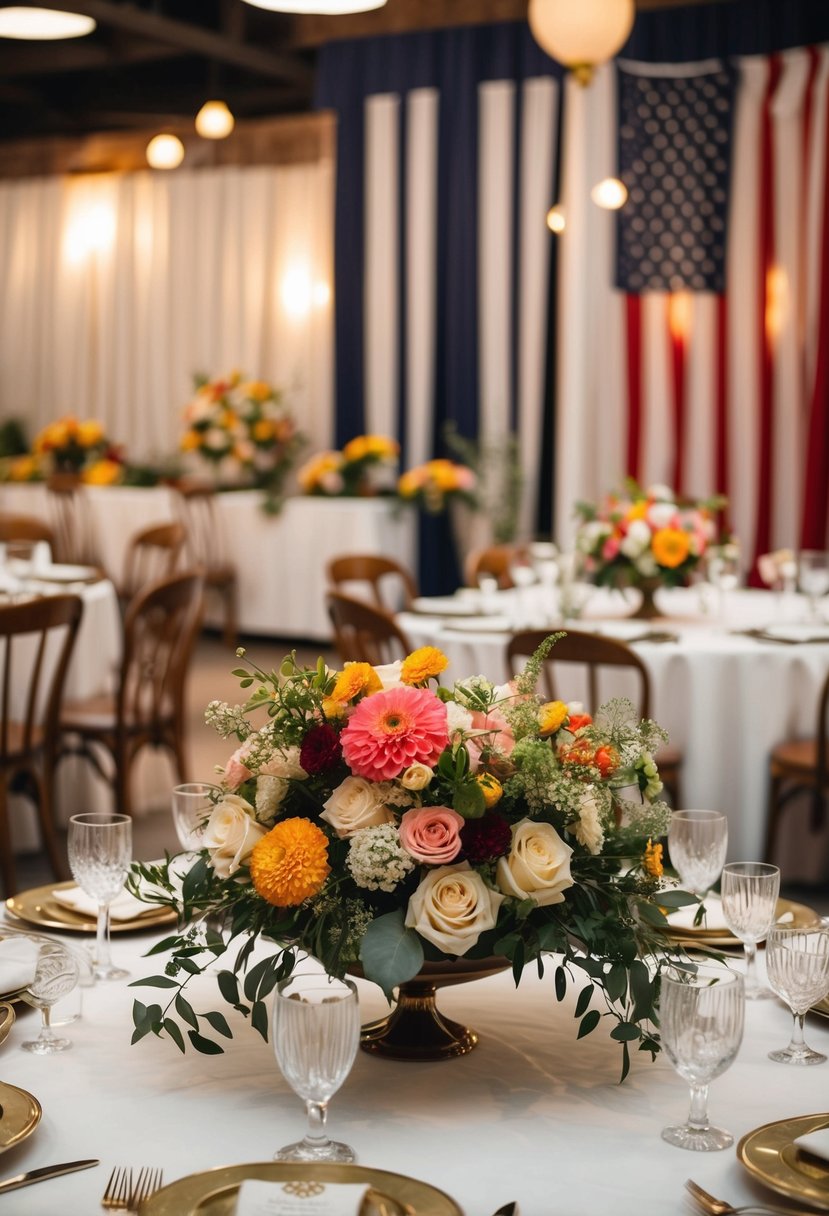 A vintage-inspired wedding reception with retro floral arrangements, set against a backdrop of WWII-era decor and ambiance