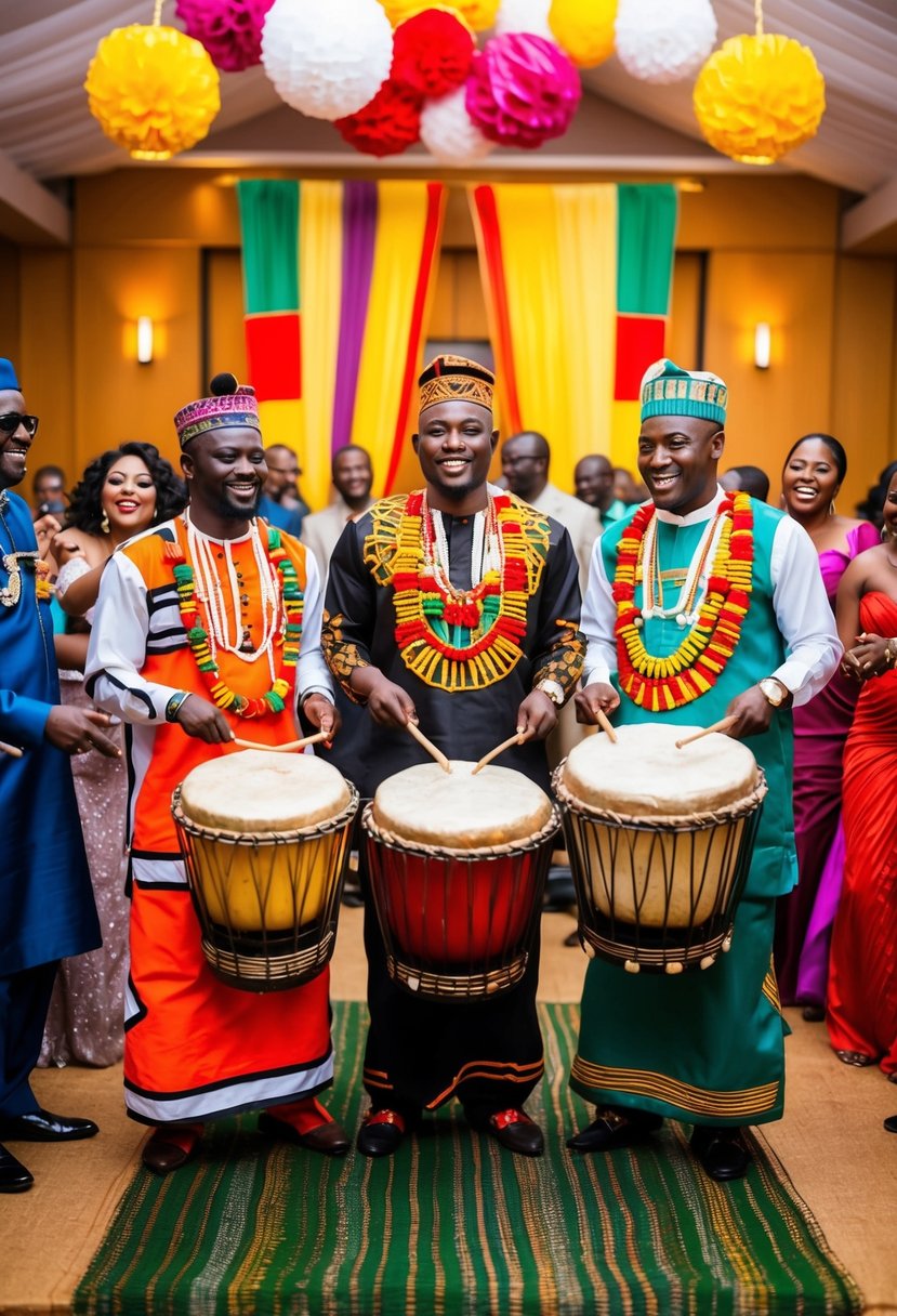 Colorful Hausa drummers perform at a lively Nigerian wedding, surrounded by joyful guests and vibrant traditional decorations